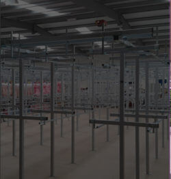 garment handling rails in warehouse